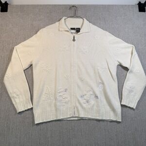 North Crest White Snowman Snowflake Zip Sweater Cardigan Large Y2K Vintage